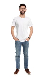 Photo of Young man in t-shirt on white background. Mock up for design