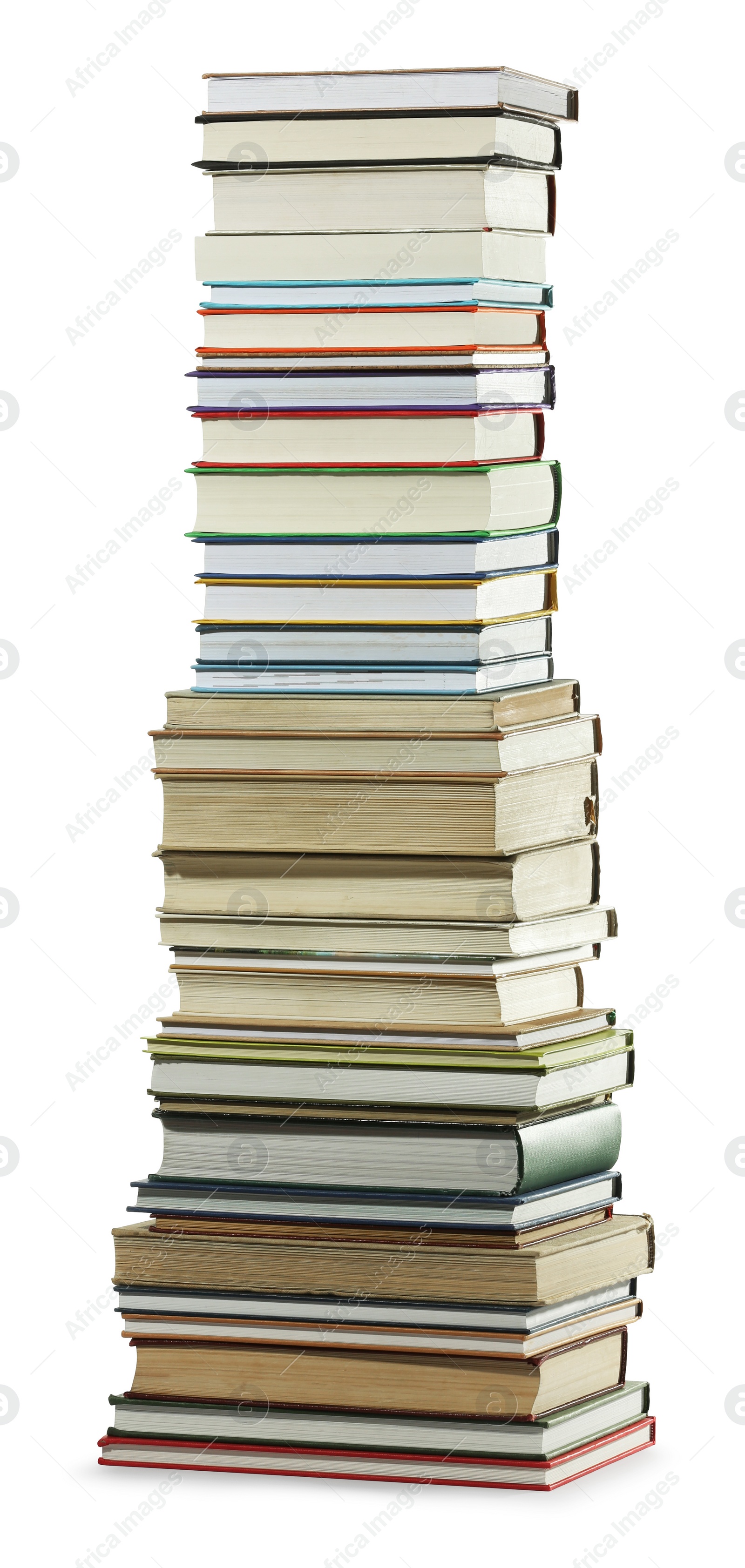 Photo of High stack of many different books isolated on white