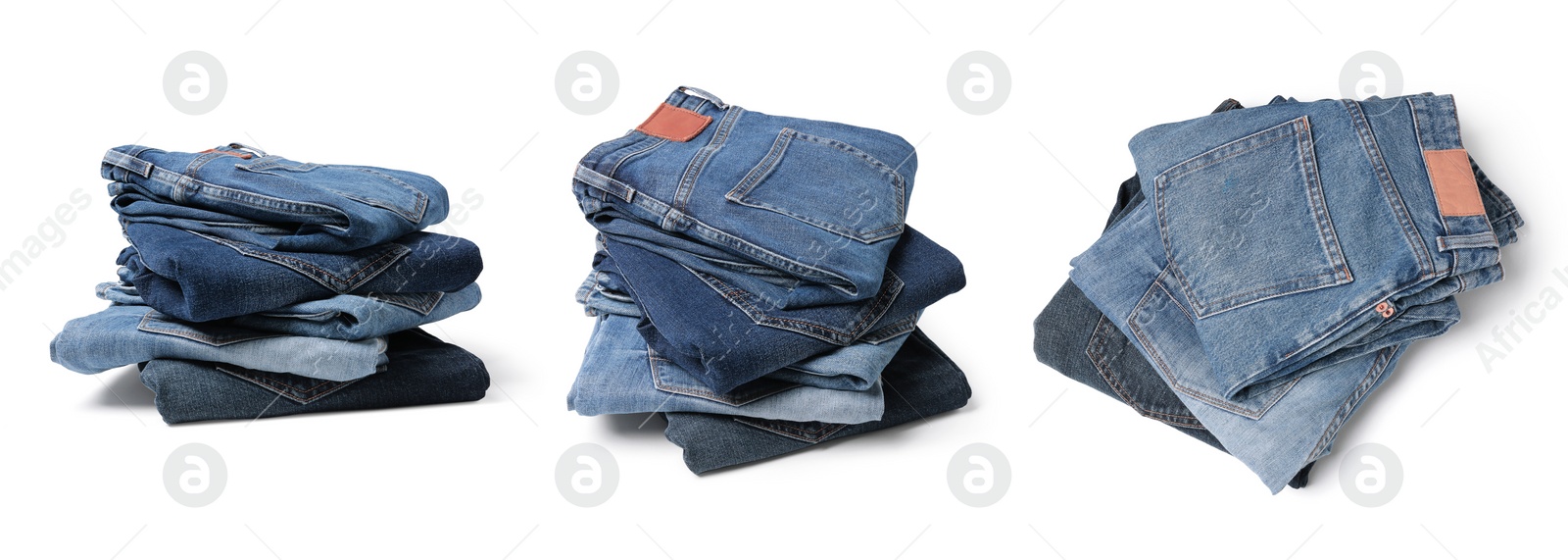 Image of Set with folded different jeans on white background