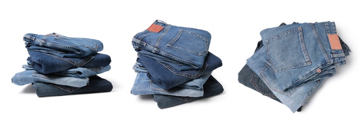 Image of Set with folded different jeans on white background