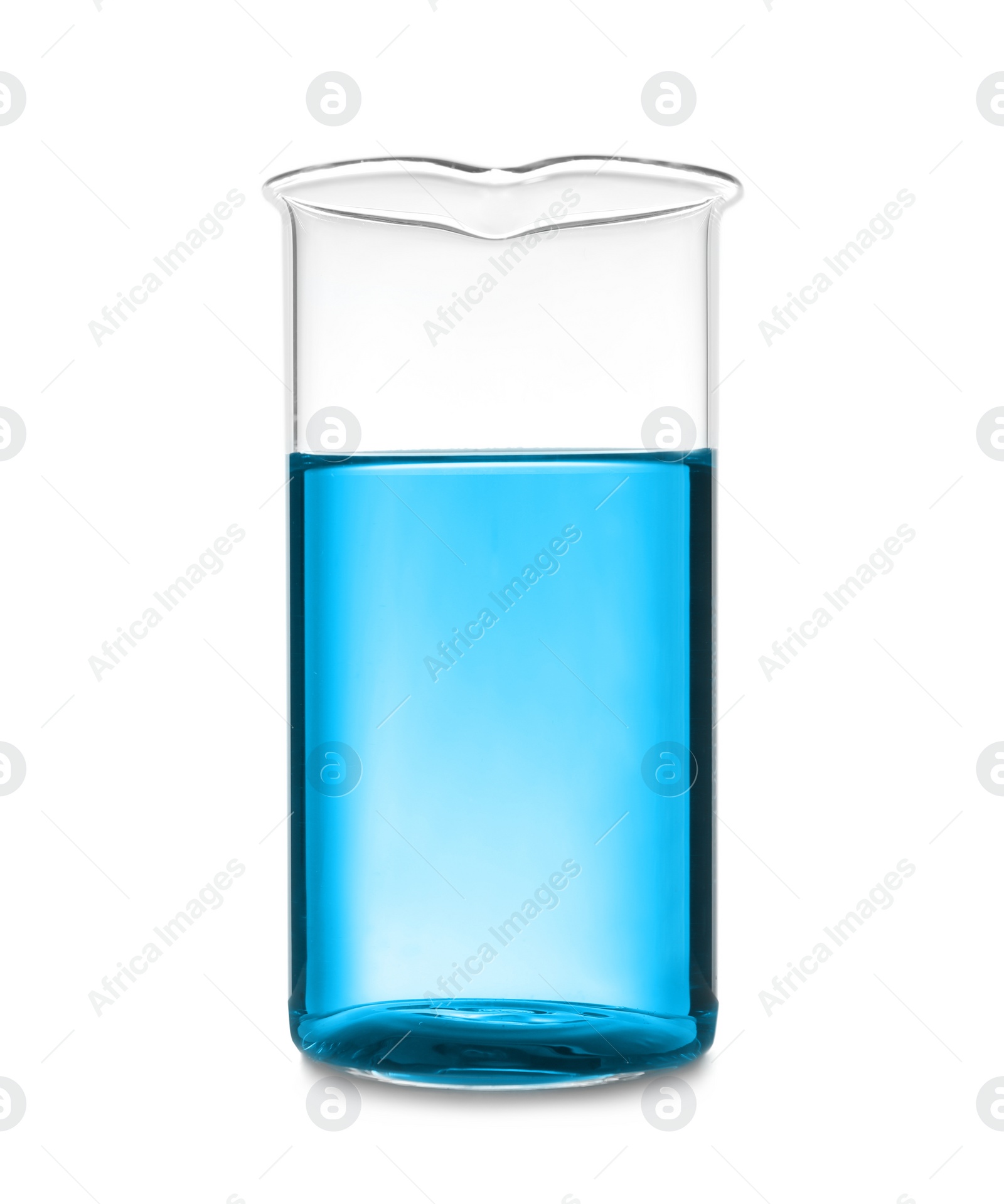 Image of Beaker with blue liquid isolated on white. Laboratory glassware