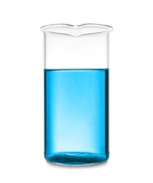 Beaker with blue liquid isolated on white. Laboratory glassware