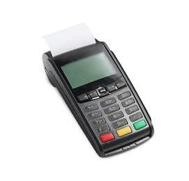 Photo of Payment terminal with thermal paper for receipt isolated on white