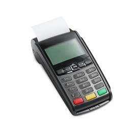 Payment terminal with thermal paper for receipt isolated on white