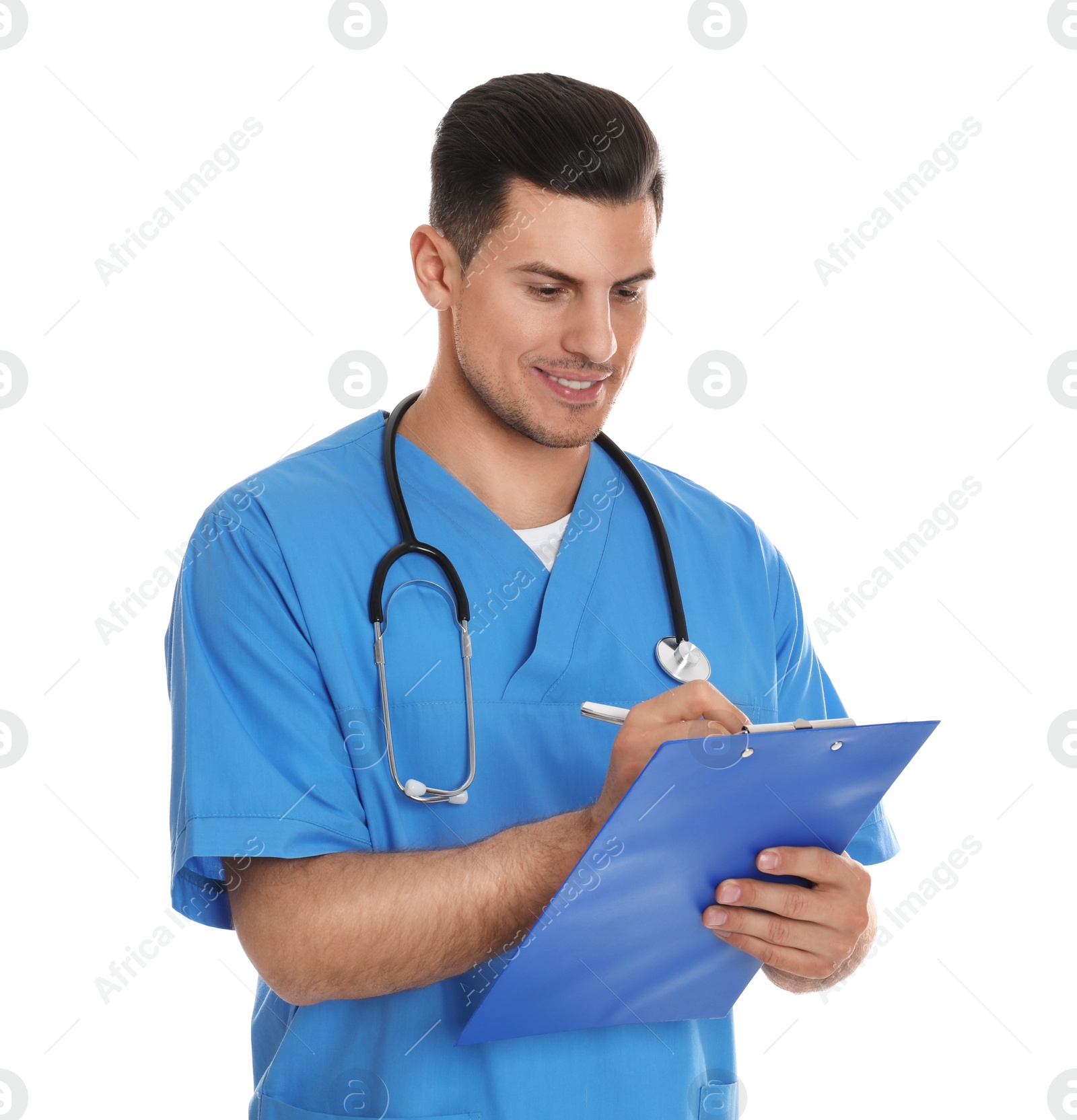 Photo of Doctor with clipboard and stethoscope on white background