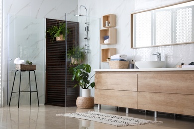 Bathroom interior with shower stall, counter and houseplants. Idea for design