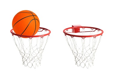 Image of Collage of basketball ball and hoop isolated on white