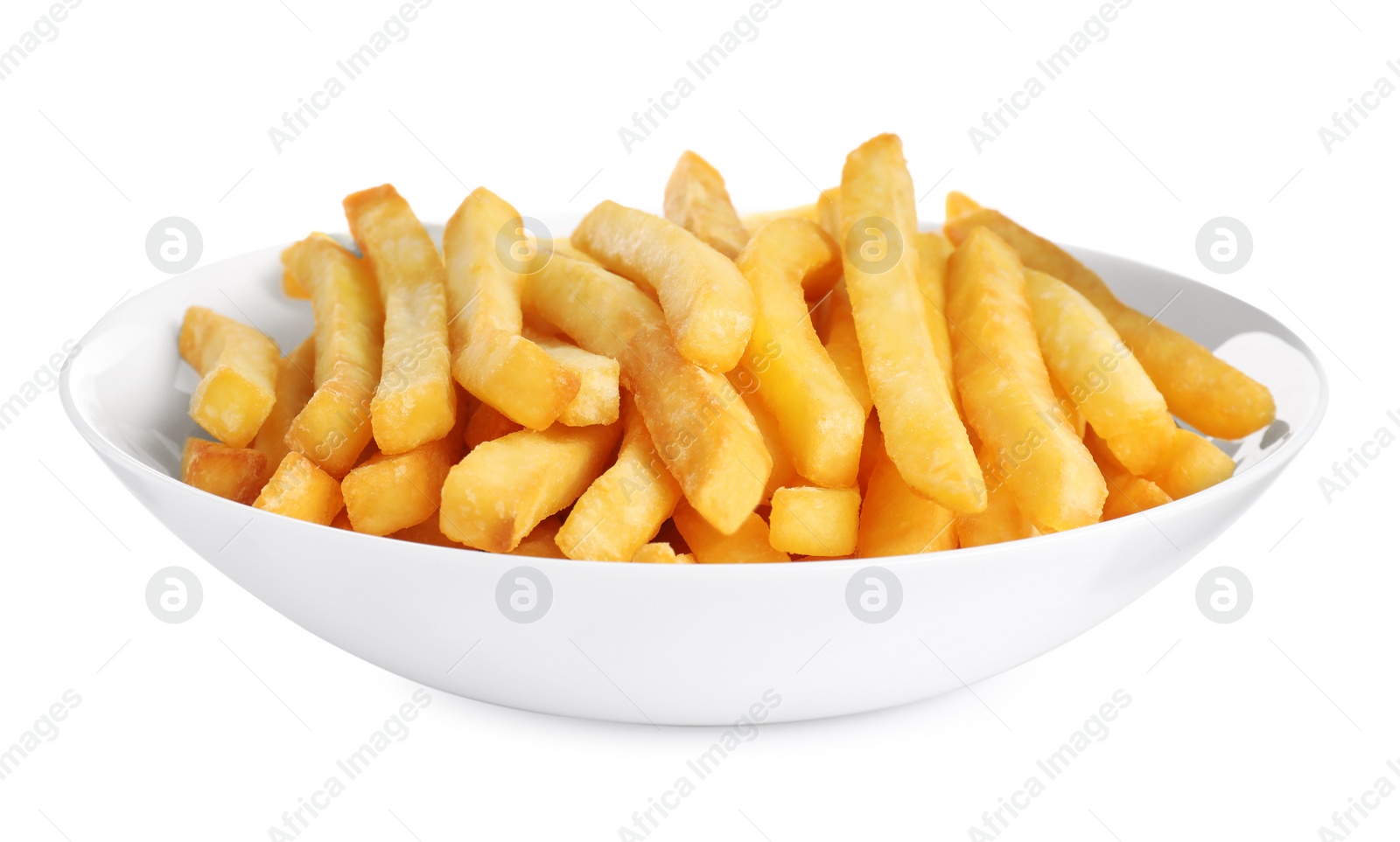 Photo of Plate with tasty French fries on white background