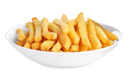 Photo of Plate with tasty French fries on white background