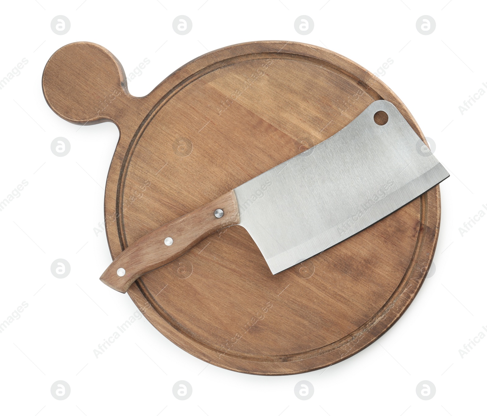 Photo of Large sharp cleaver knife with wooden board isolated on white, top view
