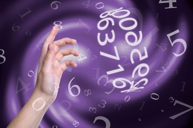 Image of Numerology. Woman reaching for circle of numbers against abstract background, closeup
