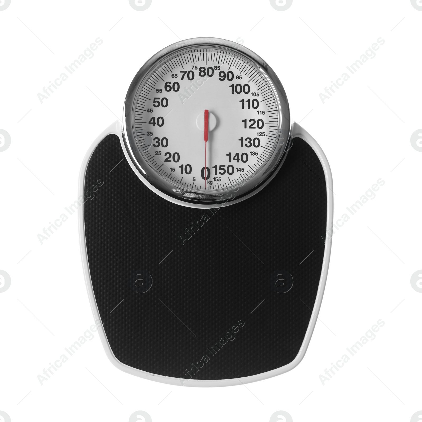 Photo of Scales on white background, top view. Weight loss