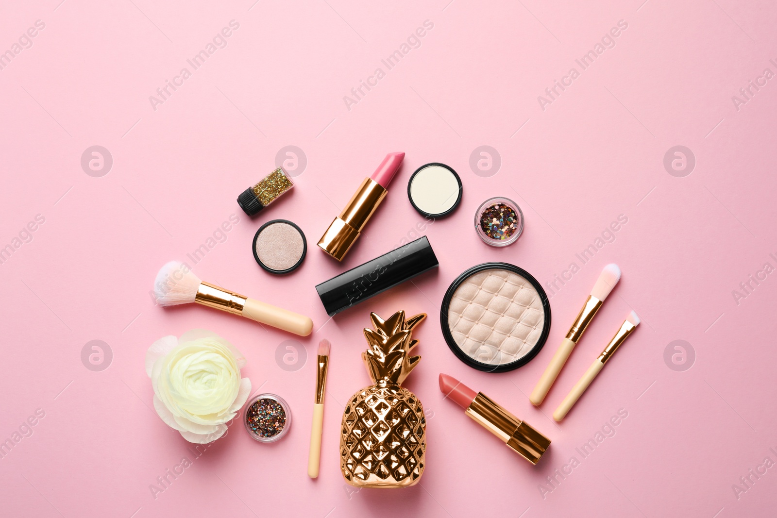 Photo of Flat lay composition with decorative cosmetics on color background