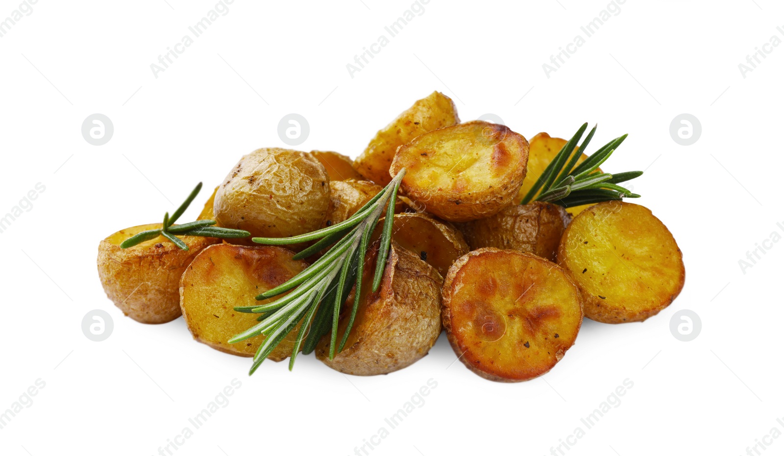 Photo of Pile of tasty baked potato and aromatic rosemary on white background