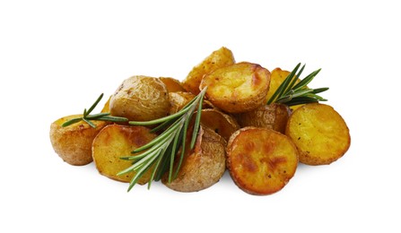 Pile of tasty baked potato and aromatic rosemary on white background