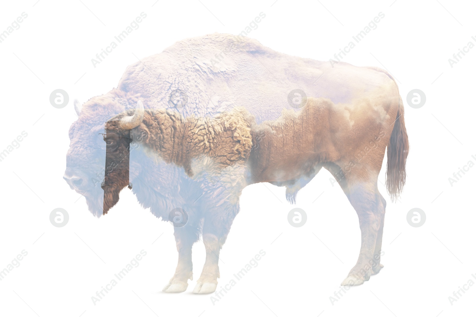 Image of Double exposure of industrial chimney with smoke and bison. Environmental pollution