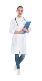 Full length portrait of medical doctor with clipboard and stethoscope isolated on white