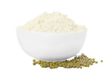 Photo of Bowl of flour and mung beans on white background