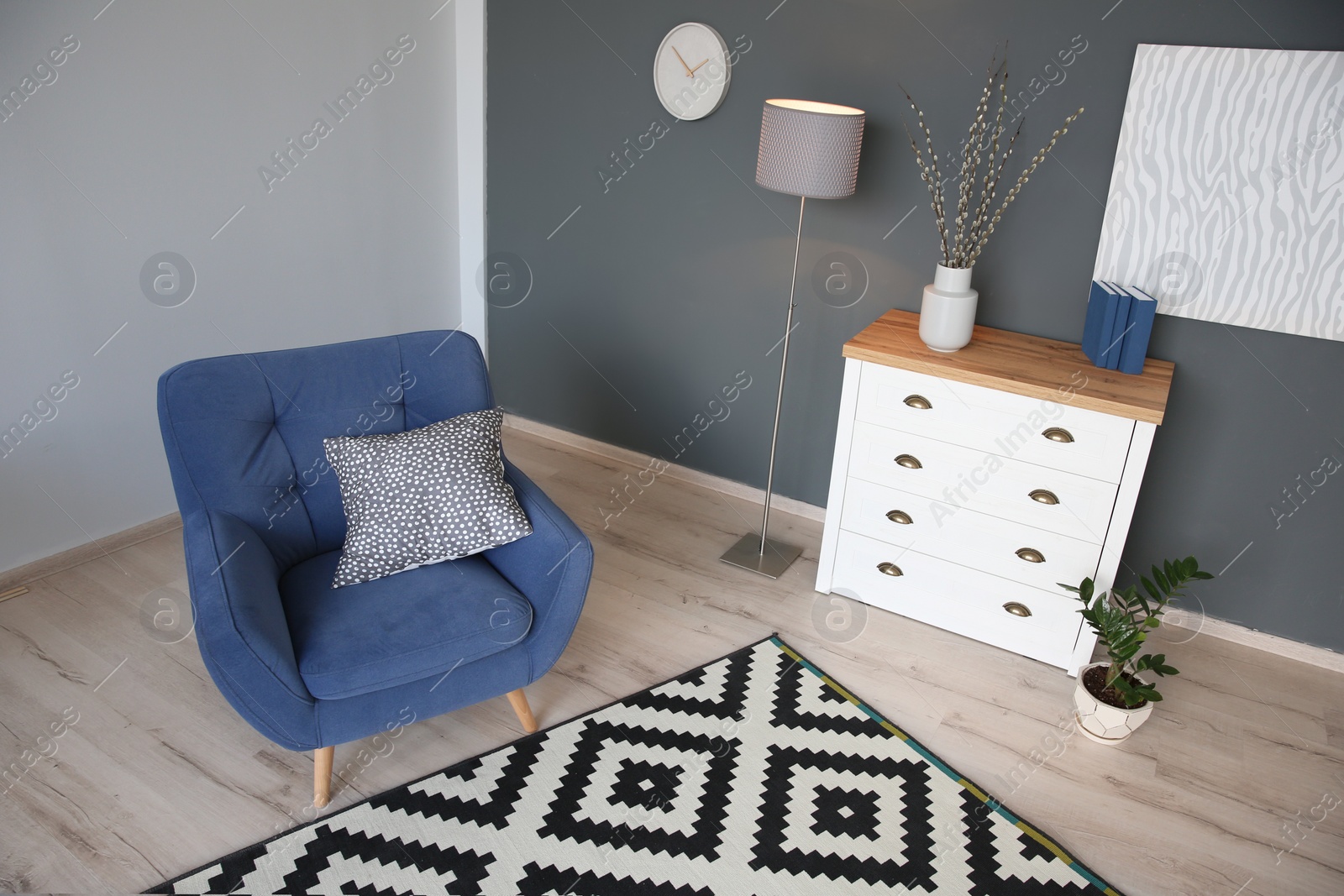 Photo of Modern living room interior with stylish armchair and carpet