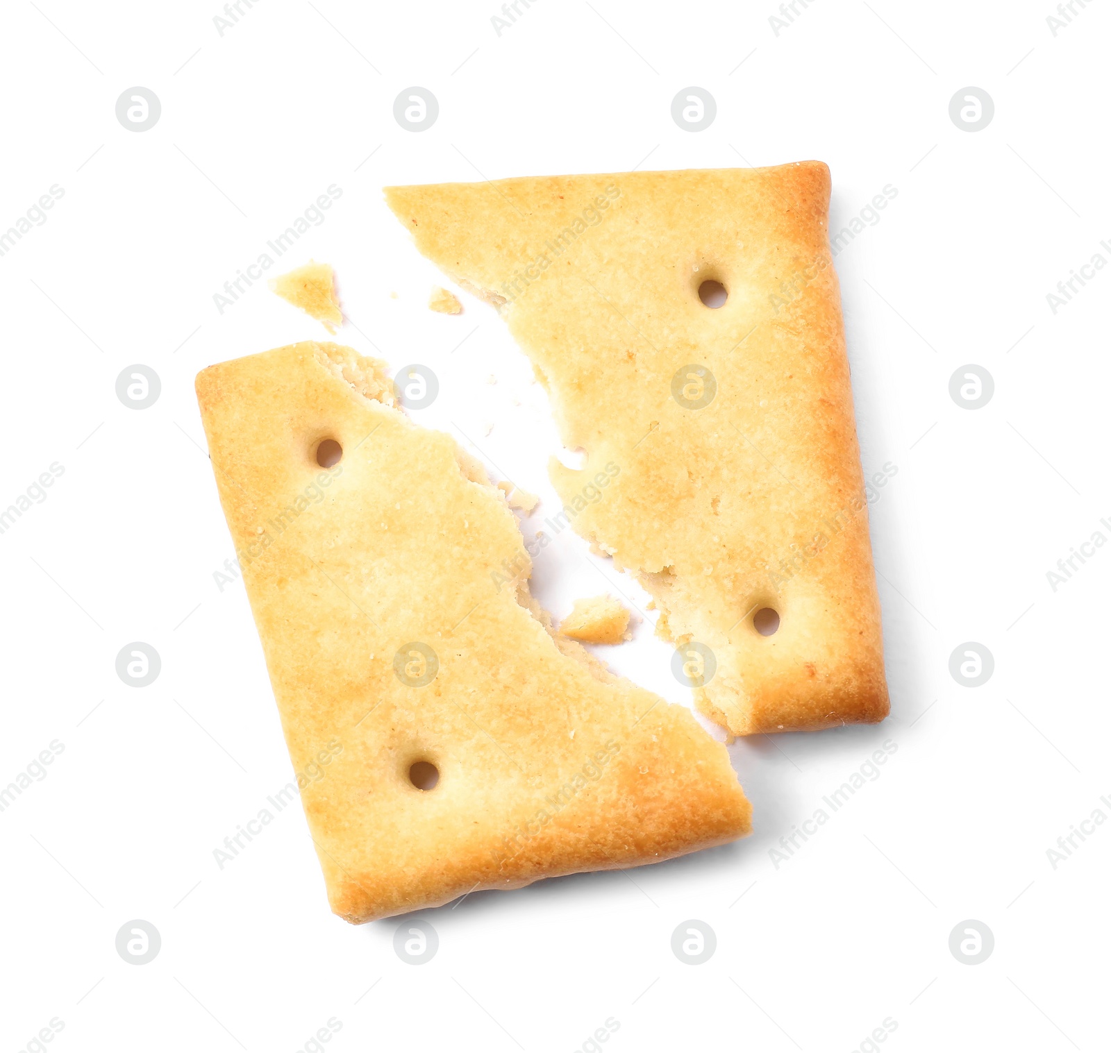 Photo of Crispy broken cracker isolated on white, top view