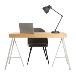 Stylish workplace with wooden desk and comfortable chair on white background