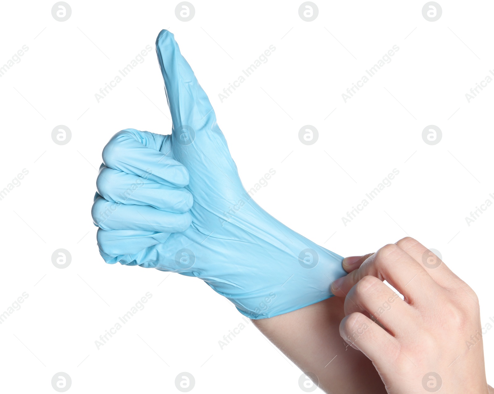 Photo of Doctor wearing medical glove on white background