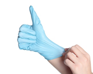Photo of Doctor wearing medical glove on white background