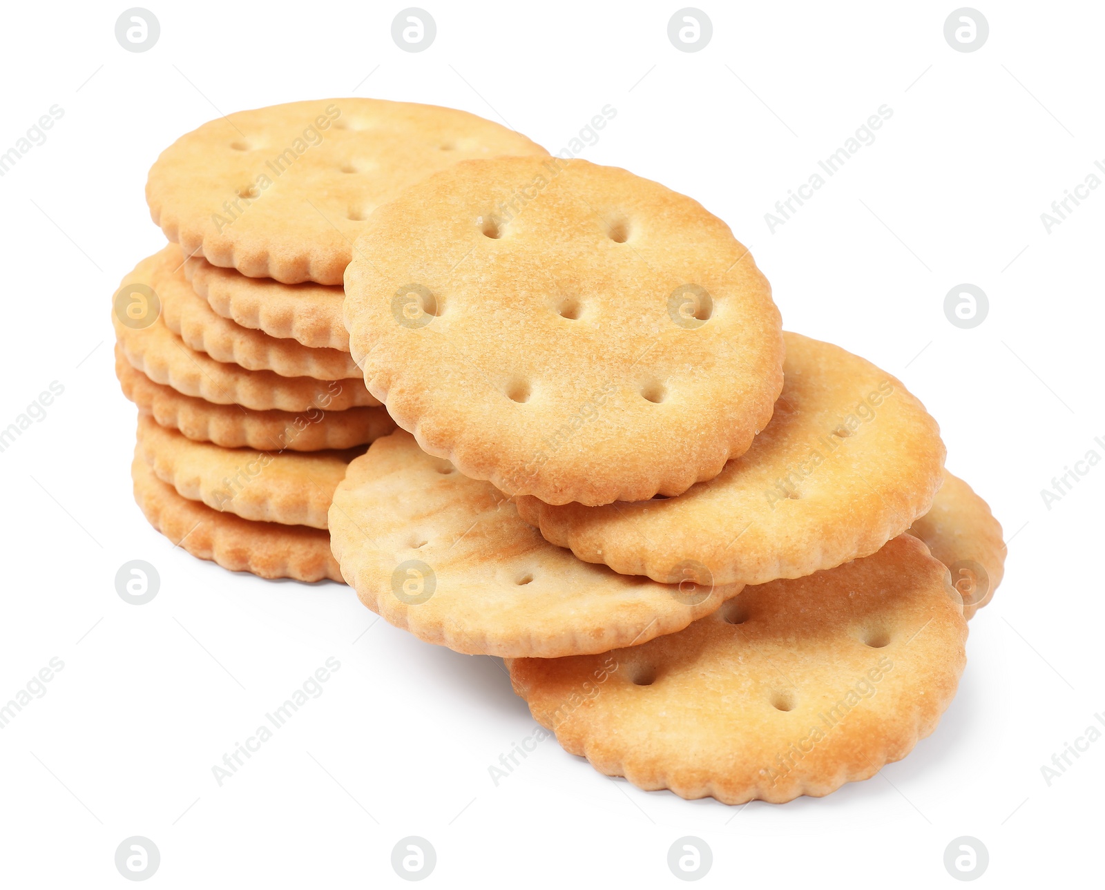 Photo of Tasty crispy round crackers isolated on white