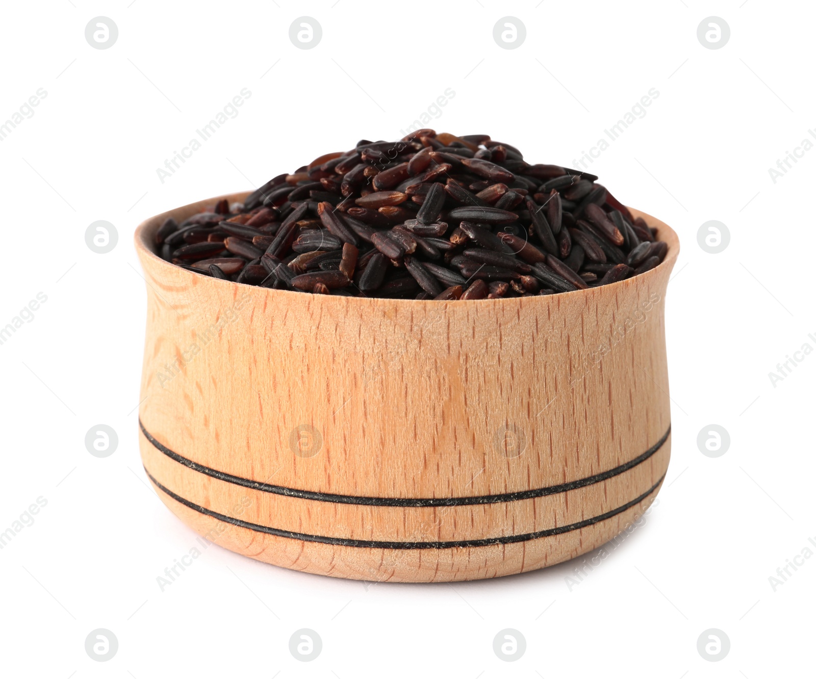 Photo of Bowl with uncooked black rice on white background