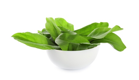 Photo of Fresh green sorrel leaves in bowl isolated on white