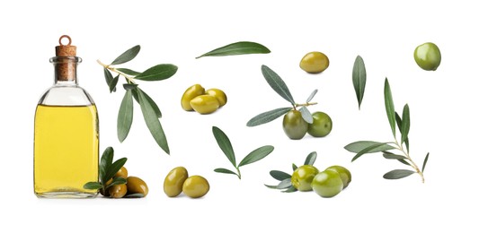 Image of Bottle of oil, ripe olives and leaves on white background, collage. Banner design