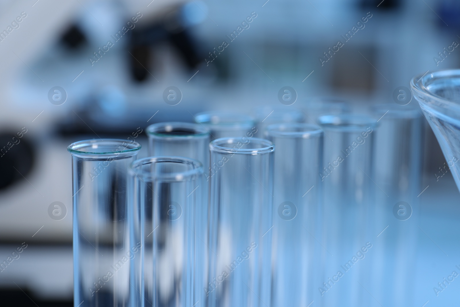 Photo of Laboratory analysis. Glass test tubes on table indoors, closeup