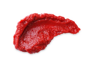 Photo of Tasty tomato paste isolated on white, top view