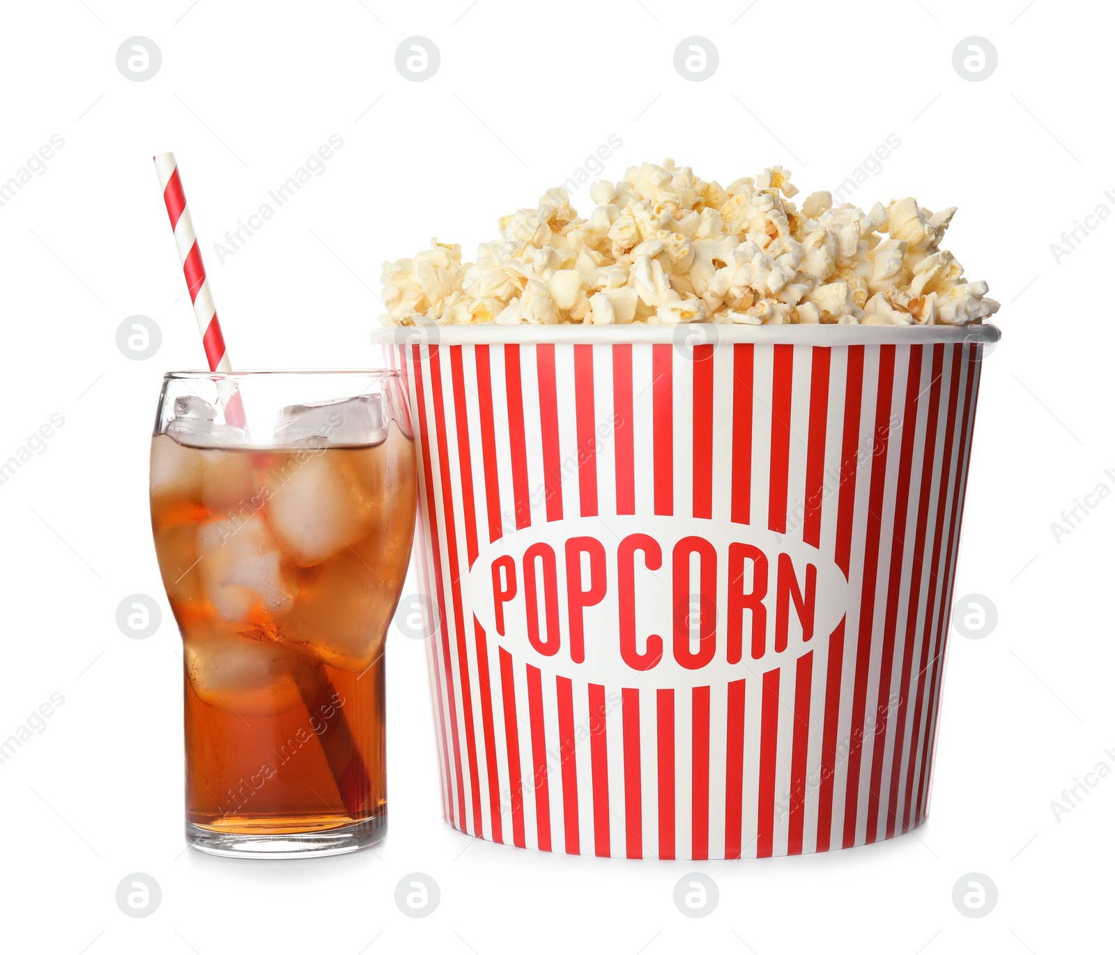 Photo of Bucket with delicious popcorn and glass of cola on white background