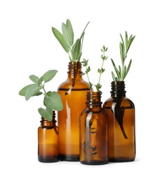 Photo of Bottle of essential oil and fresh herbs isolated on white