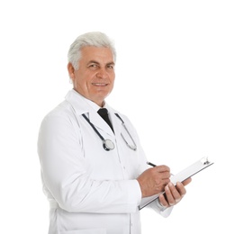 Portrait of male doctor with clipboard isolated on white. Medical staff