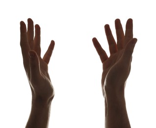 Photo of Freedom concept. Man showing his hands on white background, closeup