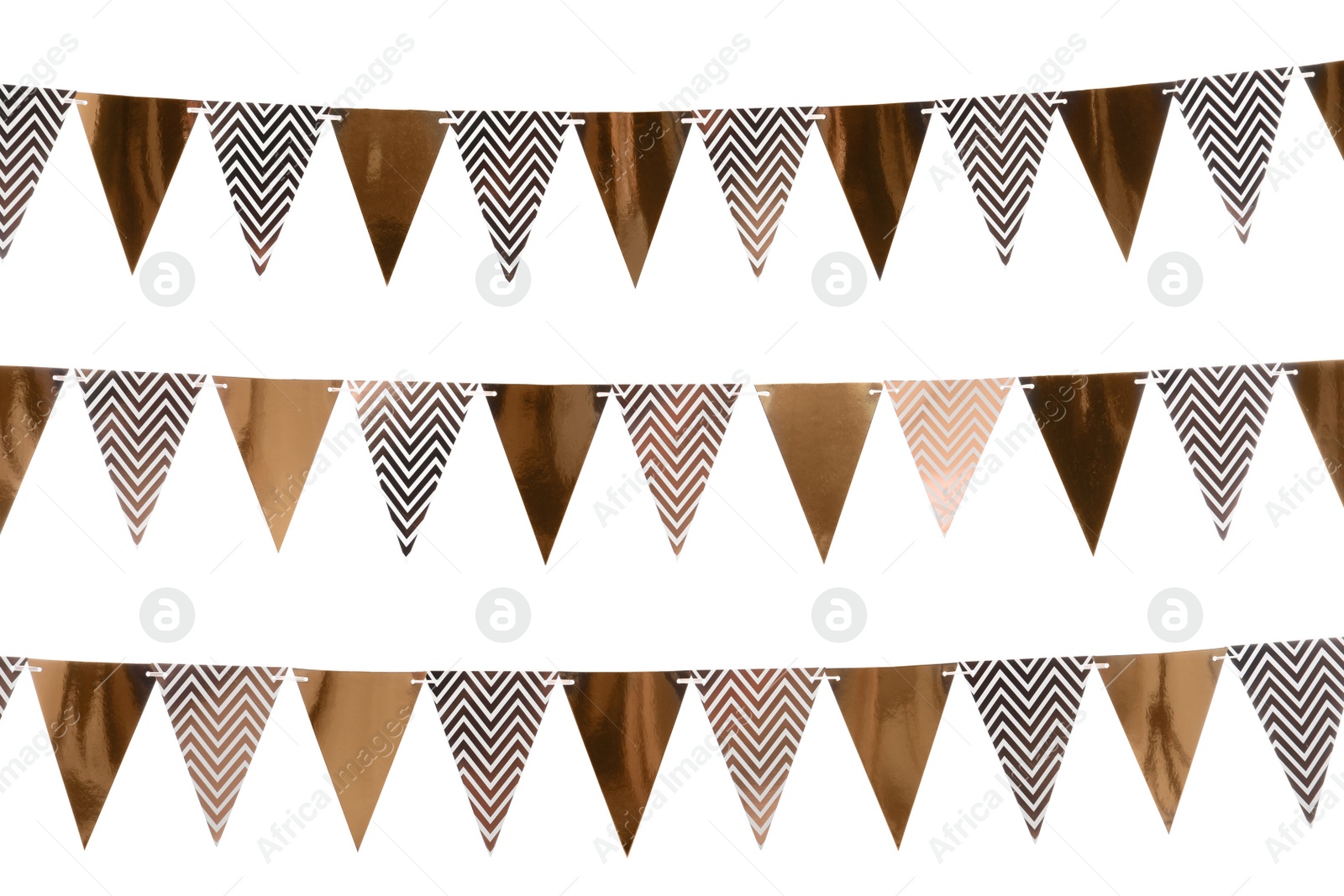 Photo of Rows of triangular bunting flags on white background. Festive decor