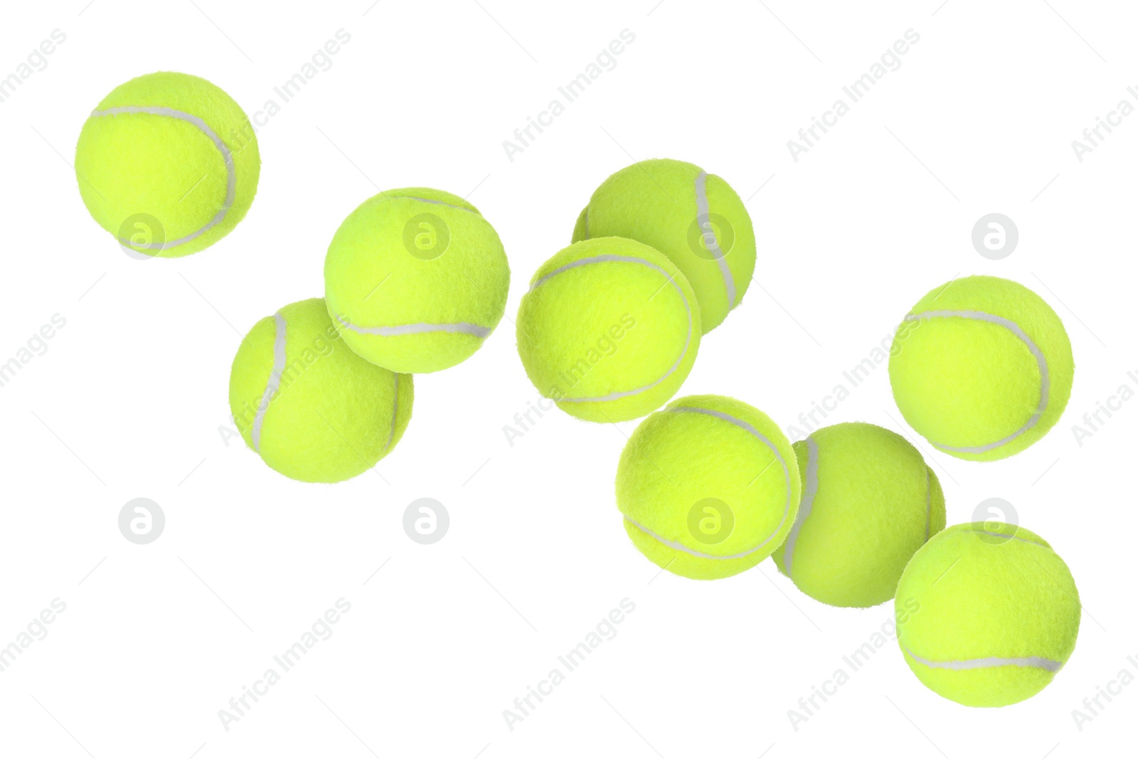 Image of Many tennis balls flying on white background