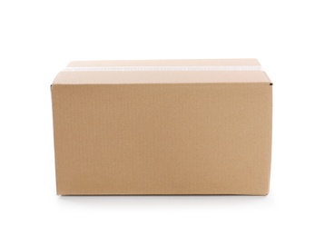 Photo of Cardboard parcel box on white background. Mockup for design