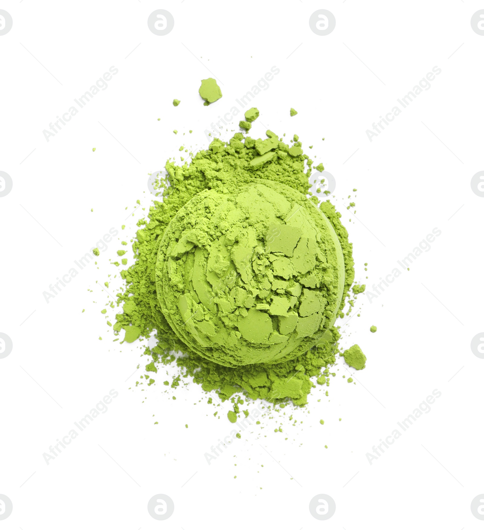 Photo of Pile of green matcha powder isolated on white, top view