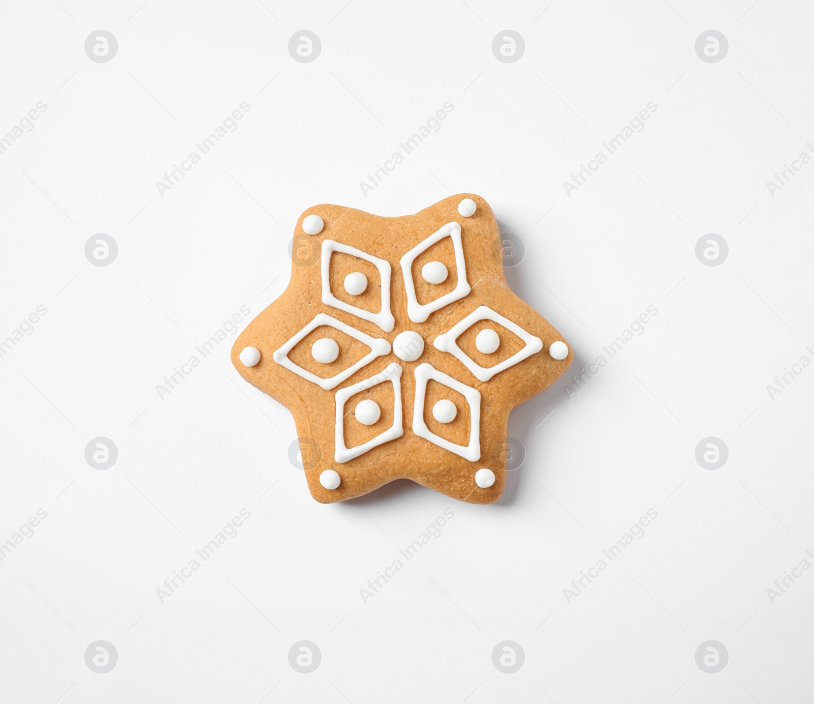 Photo of Tasty homemade Christmas cookie on white background, top view