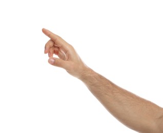 Photo of Man pointing at something on white background, closeup. Finger gesture