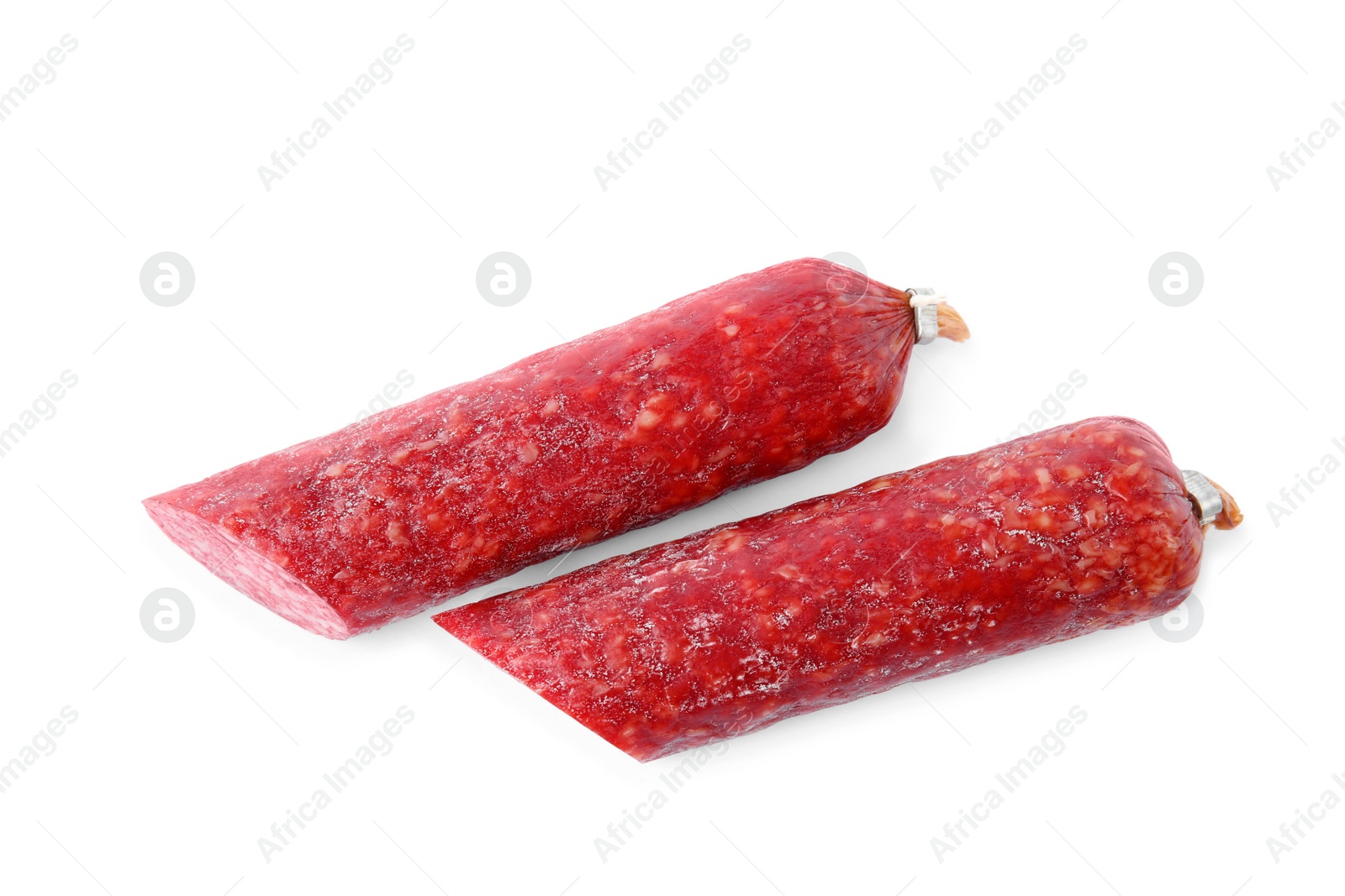 Photo of Tasty cut sausage on white background, top view. Meat product