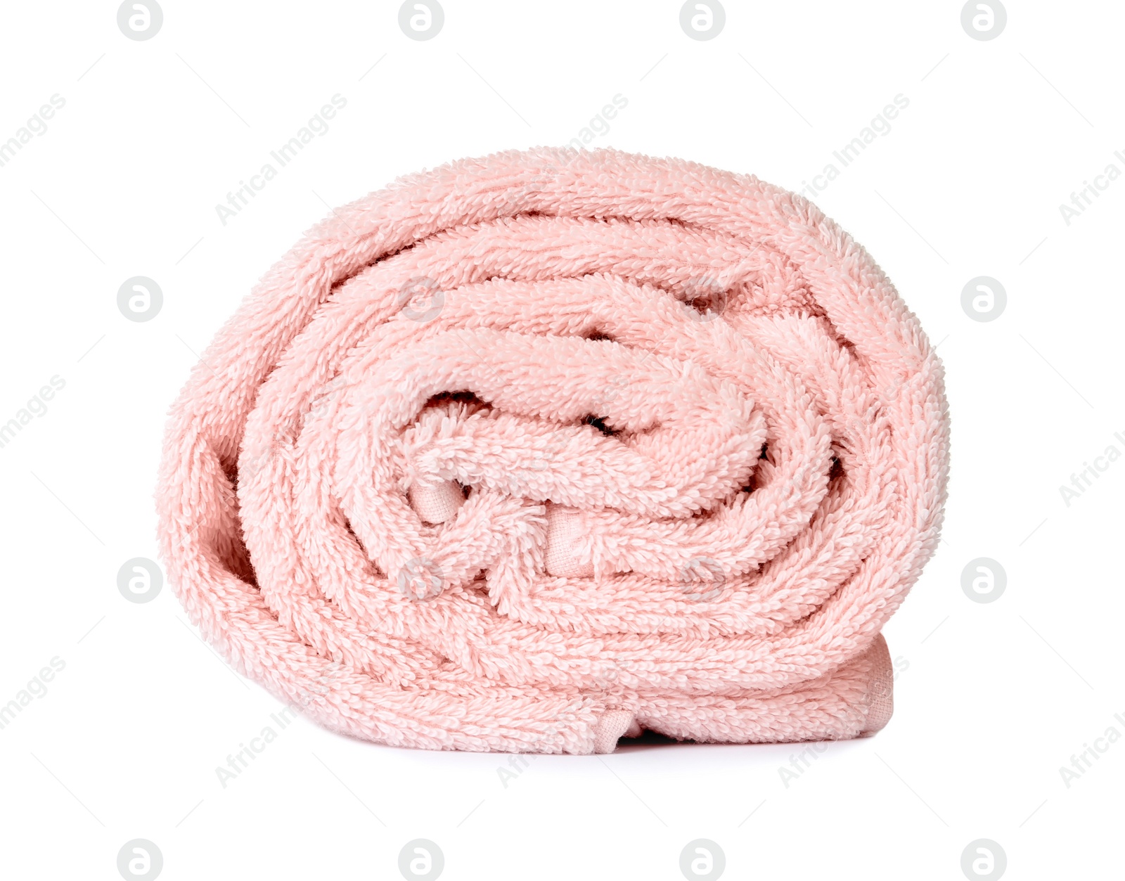 Photo of Rolled clean pink towel on white background