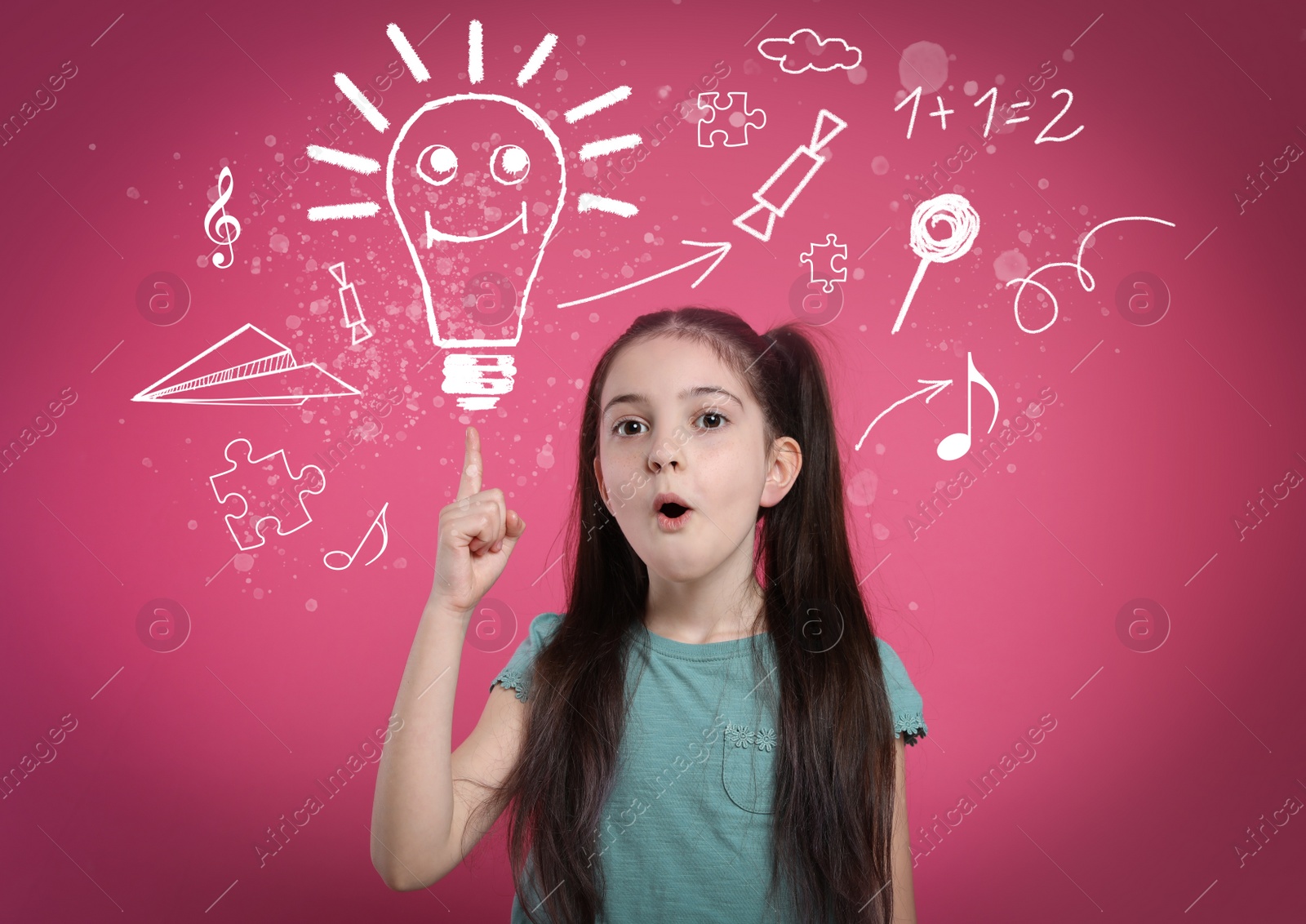 Image of Creative illustration and thoughtful little girl on pink background. Idea generation