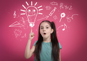 Image of Creative illustration and thoughtful little girl on pink background. Idea generation