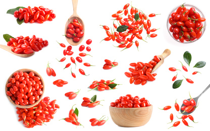 Image of Set of fresh goji berries on white background