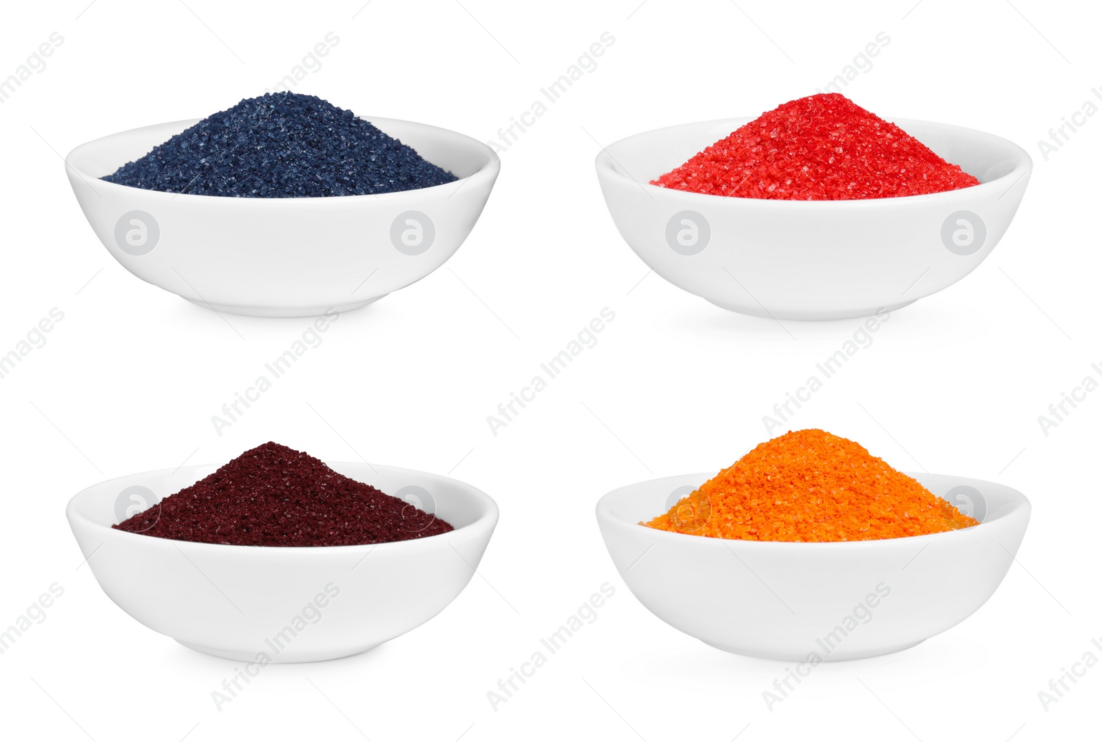 Image of Collage with bowls of many different powdered food coloring isolated on white