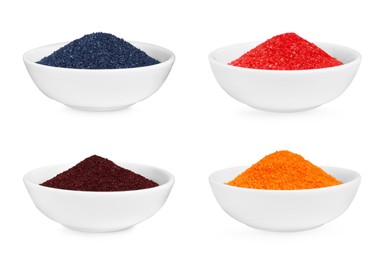 Collage with bowls of many different powdered food coloring isolated on white